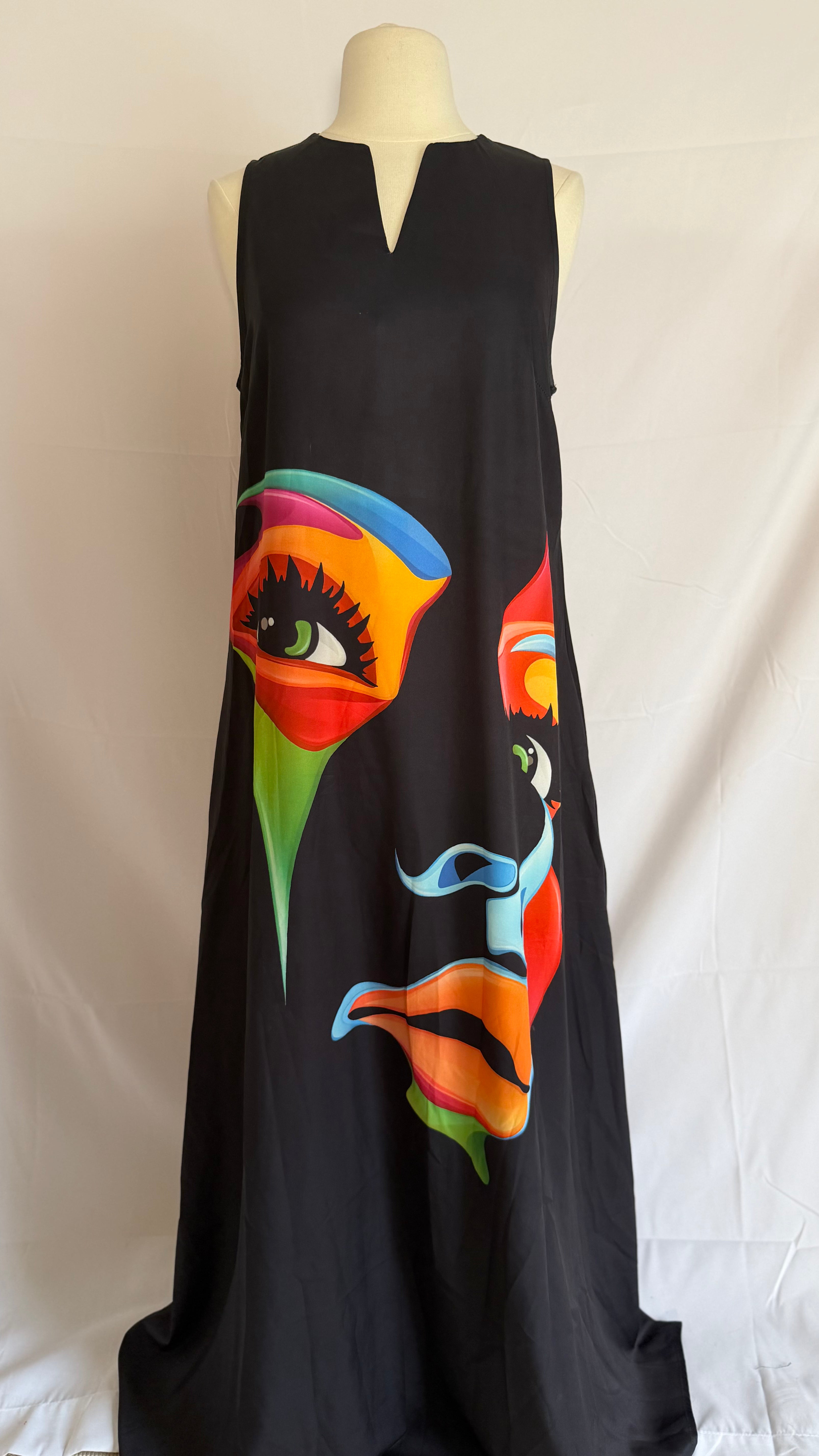 Artistic Face Print Black Maxi Dress