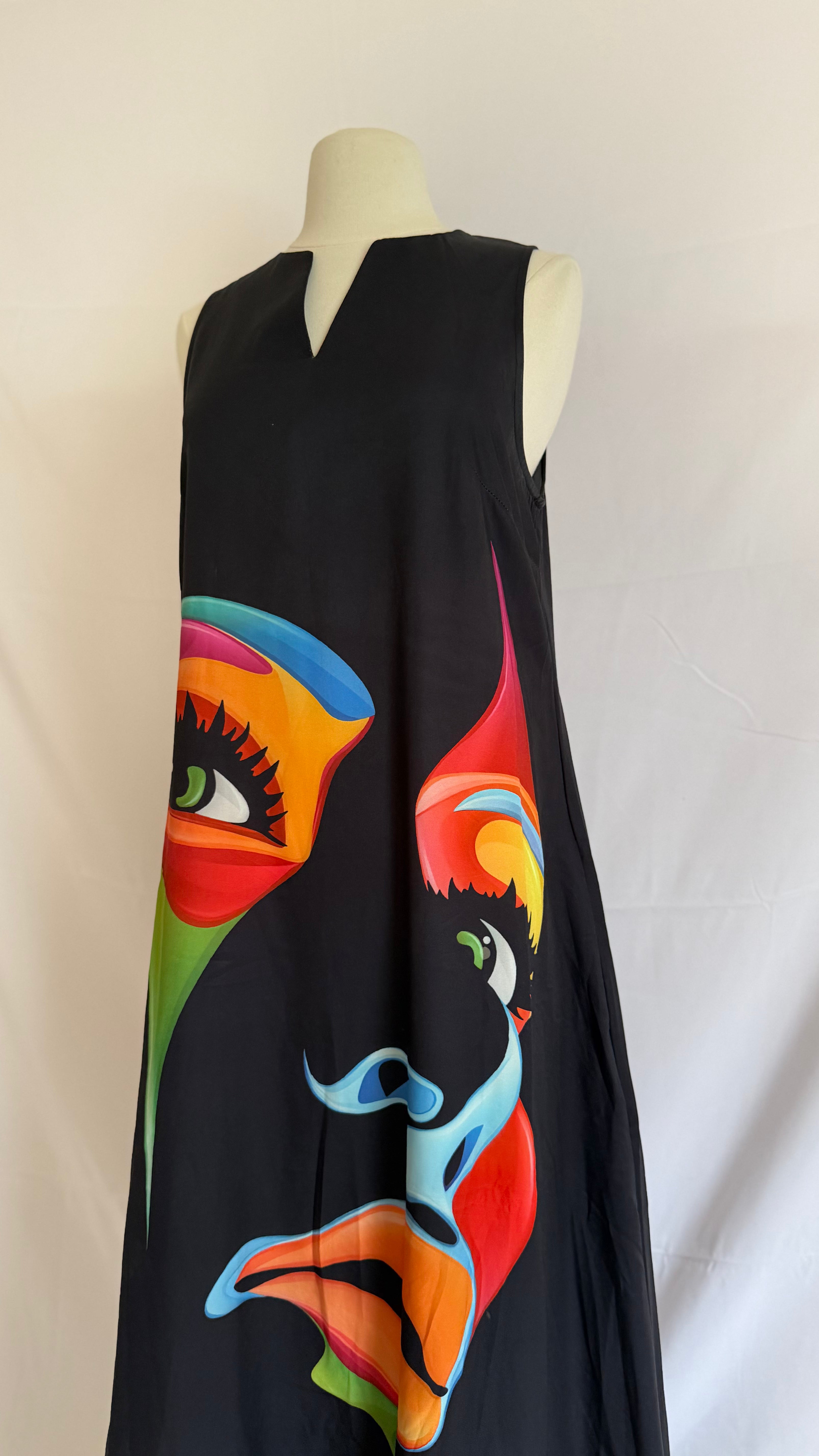 Artistic Face Print Black Maxi Dress